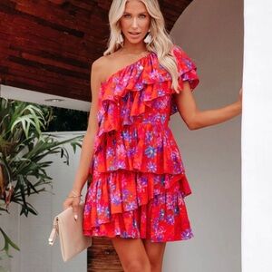Endless Rose One Shoulder Mini Dress Tiered Ruffled Red Pink Floral Medium